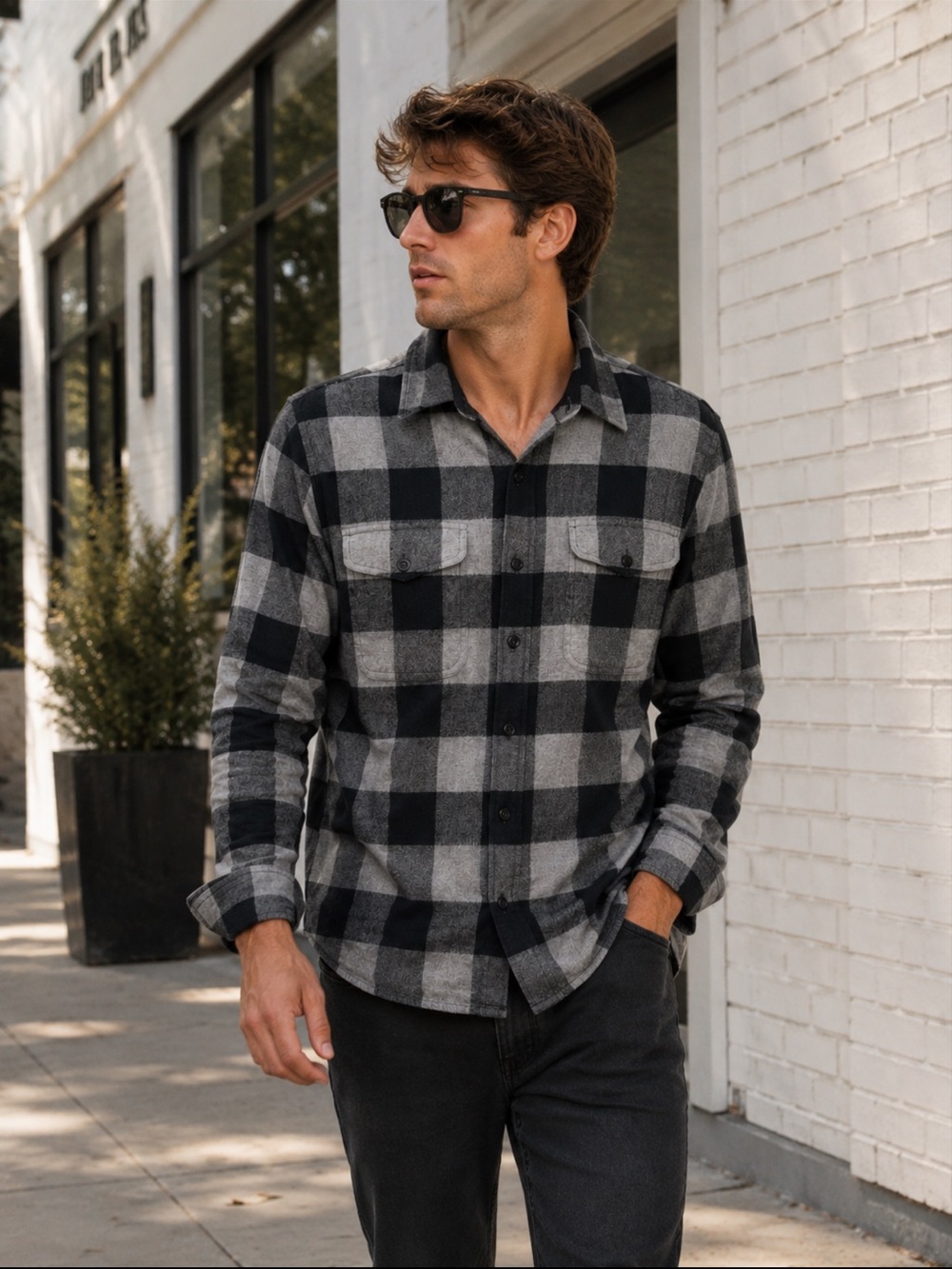 American Eagle Men’s Gray Black Buffalo Plaid Flannel Shirt XL Button Down